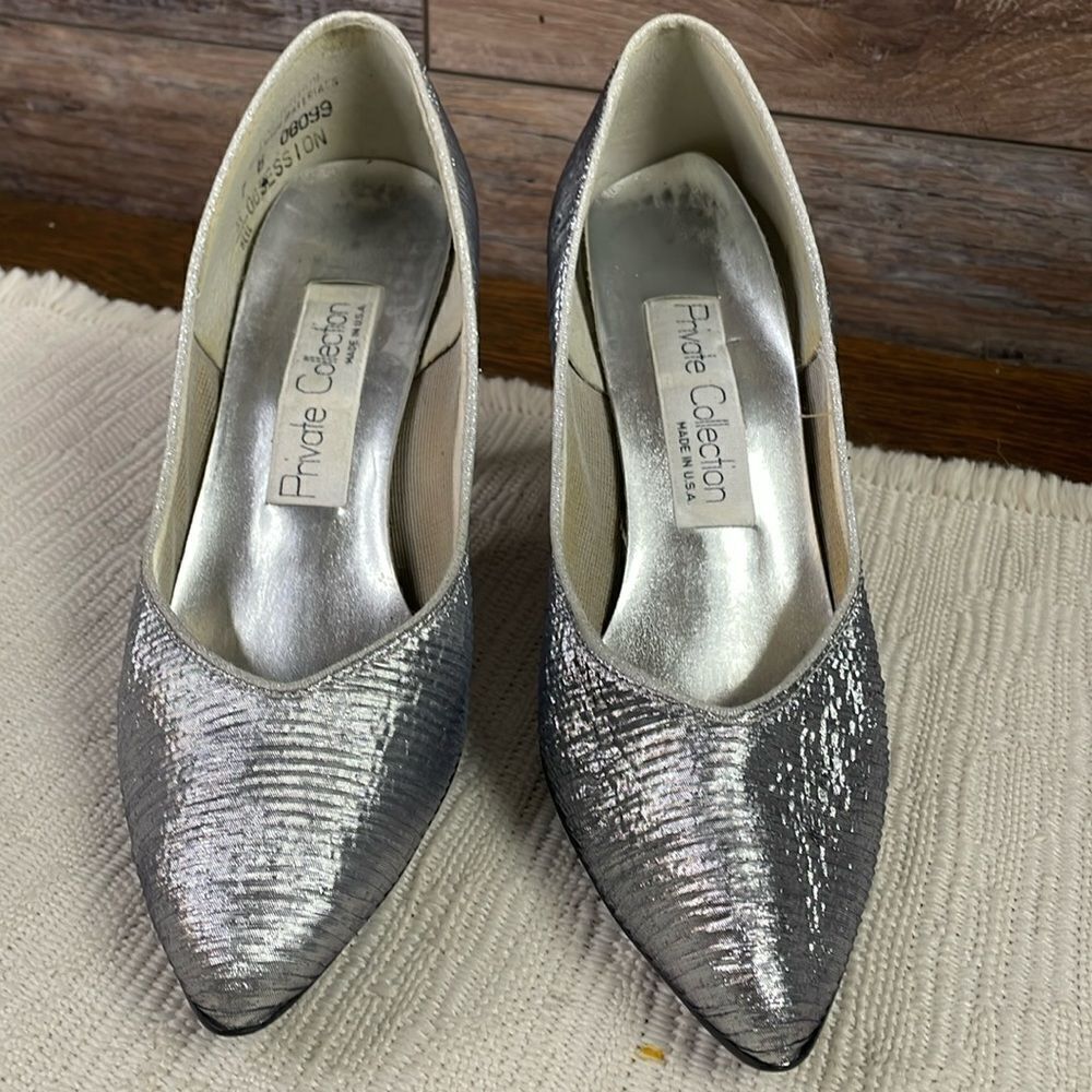 Private Collection Obsession Ladies Silver Metallic High Heels, Size 7B, Vintage